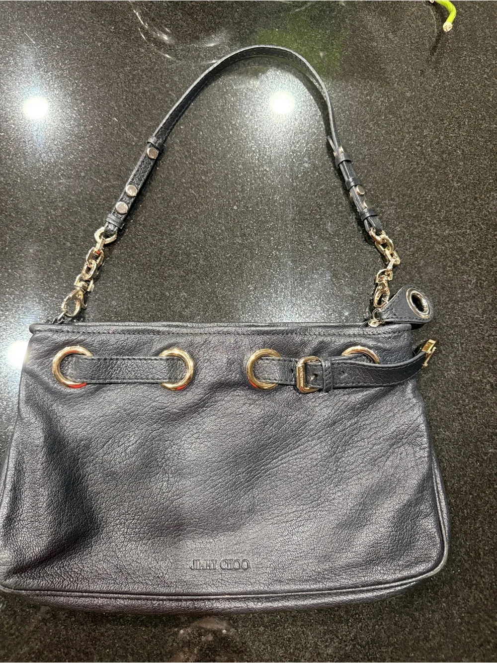 Jimmy Choo Black Leather Grommet Buckle Shoulder Bag Made in Italy